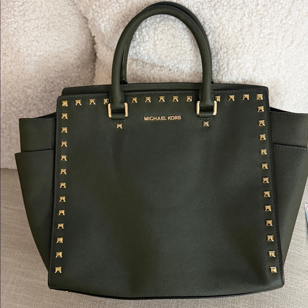 Michael Kors Olive Green Selma east west bag with Gold Studs